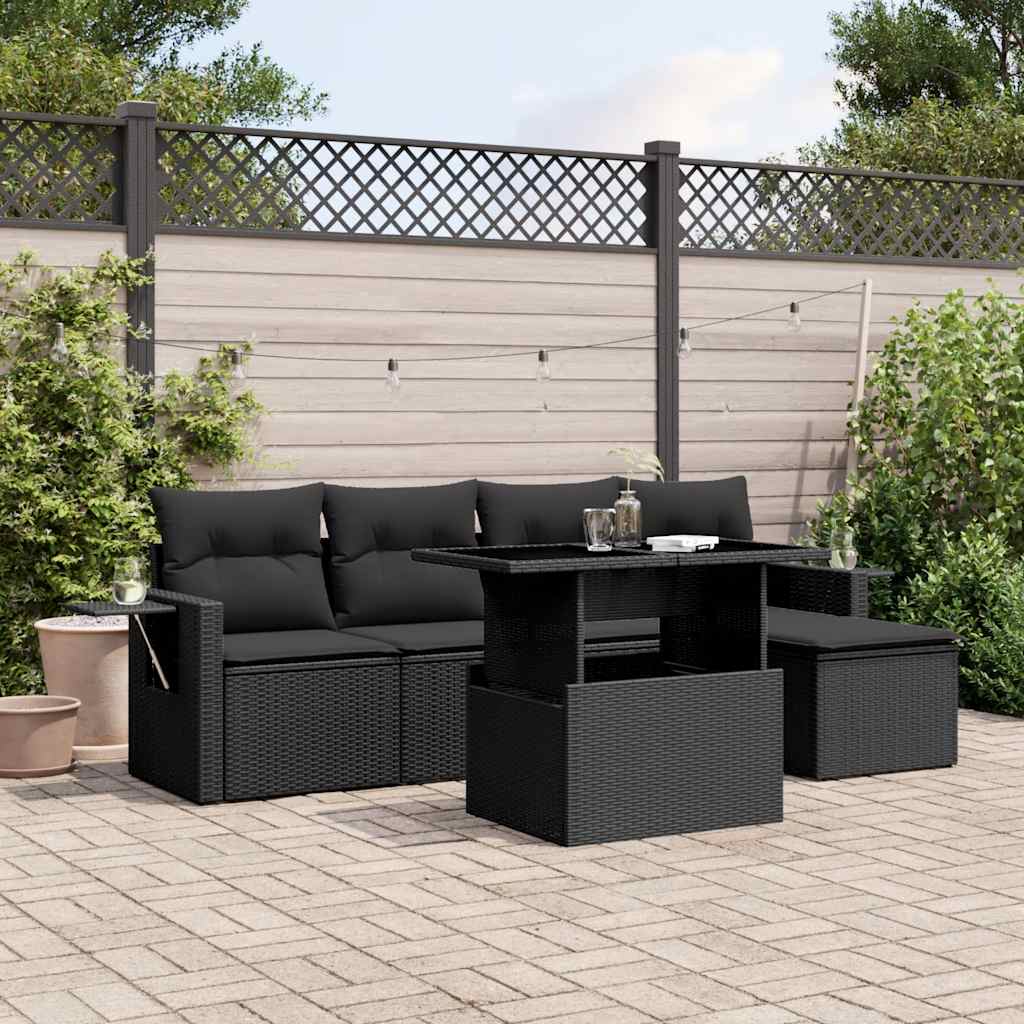 Set Divano da Giardino 6 pz con Cuscini Nero in Polyrattan - homemem39