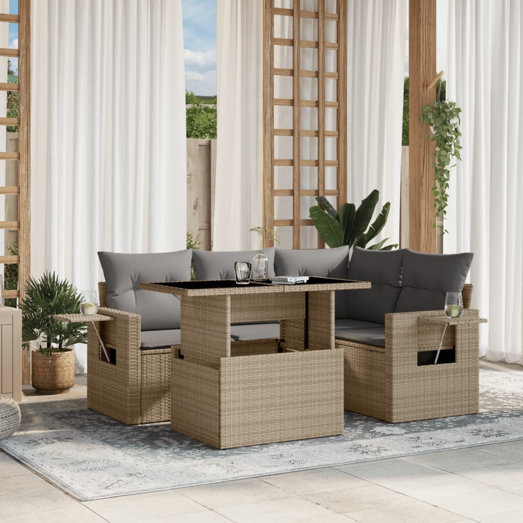 Set Divano da Giardino 5 pz con Cuscini Beige in Polyrattan - homemem39