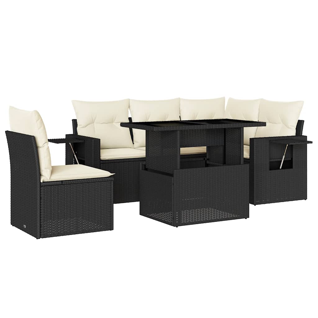 Set Divano da Giardino 6 pz con Cuscini Nero in Polyrattan