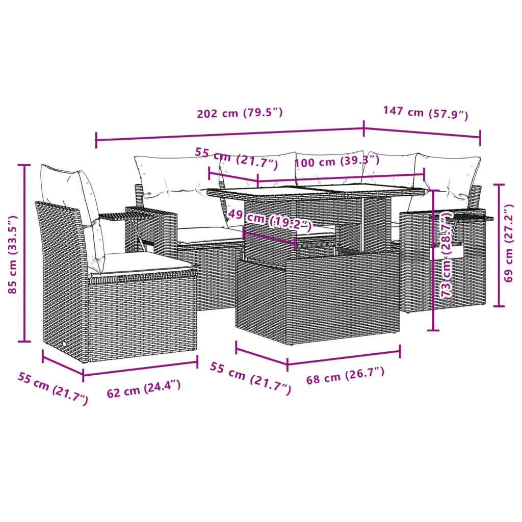 Set Divano da Giardino 6 pz con Cuscini Beige in Polyrattan - homemem39