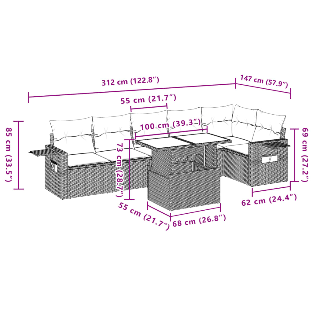 Set Divani da Giardino 7 pz con Cuscini Beige in Polyrattan | homemem39