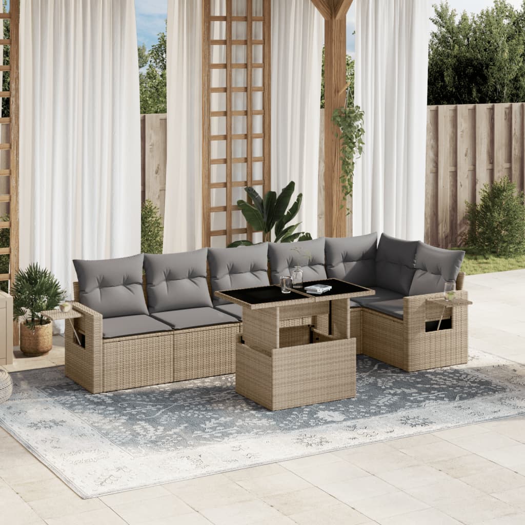 Set Divani da Giardino 7 pz con Cuscini Beige in Polyrattan | homemem39