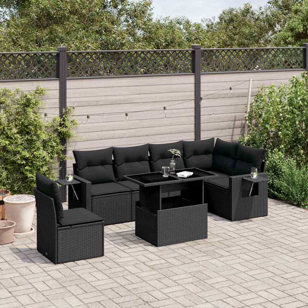 Set Divani da Giardino con Cuscini 7pz Nero Polyrattan | homemem39