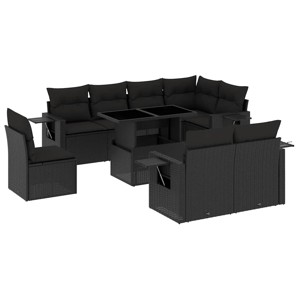 Set Divani da Giardino 9 pz con Cuscini Nero in Polyrattan - homemem39
