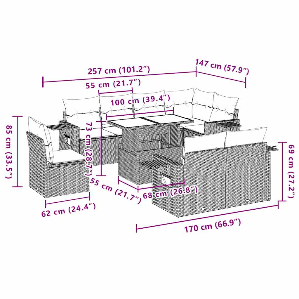 Set Divani da Giardino 9 pz con Cuscini Nero in Polyrattan | homemem39