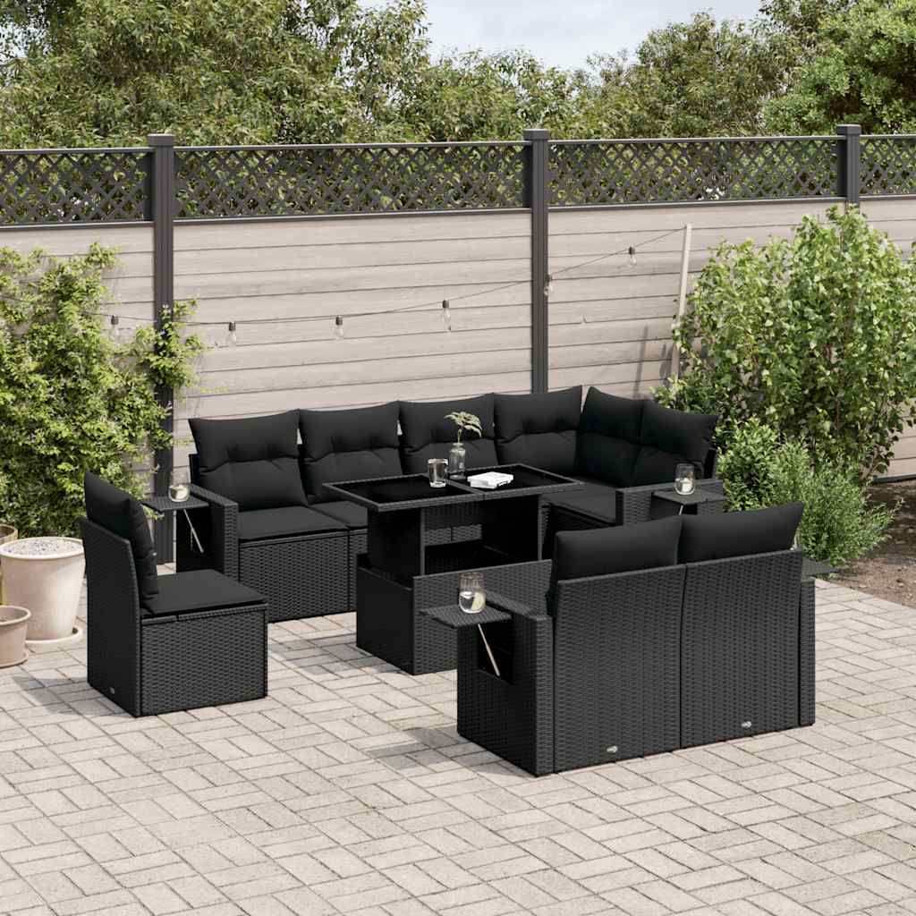 Set Divani da Giardino 9 pz con Cuscini Nero in Polyrattan - homemem39