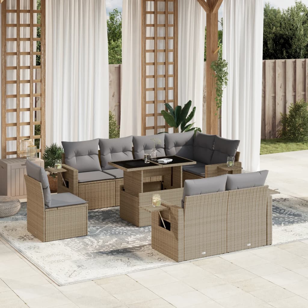 Set Divano da Giardino 9 pz con Cuscini Beige in Polyrattan - homemem39