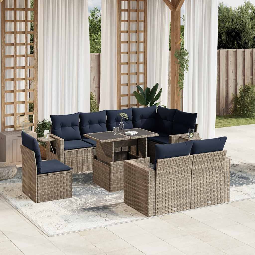 Set Divani da Giardino 9 pz con Cuscini Grigio in Polyrattan