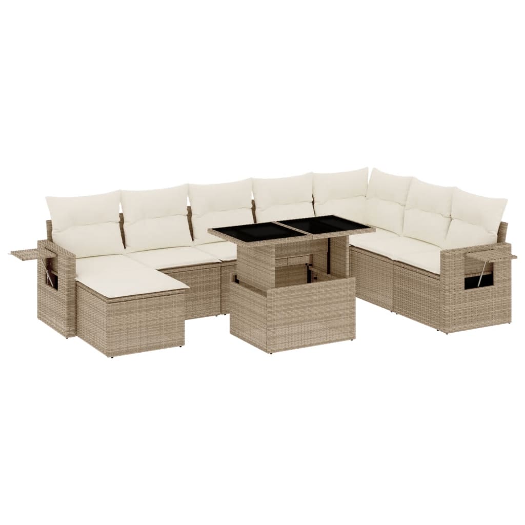 Set Divano da Giardino 9 pz con Cuscini Beige in Polyrattan
