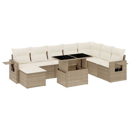 Set Divano da Giardino 9 pz con Cuscini Beige in Polyrattan