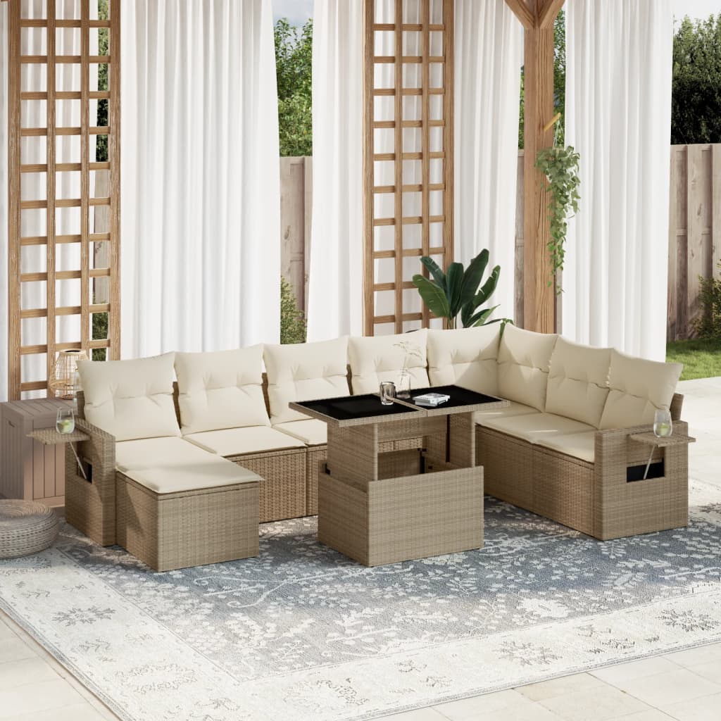 Set Divano da Giardino 9 pz con Cuscini Beige in Polyrattan | homemem39