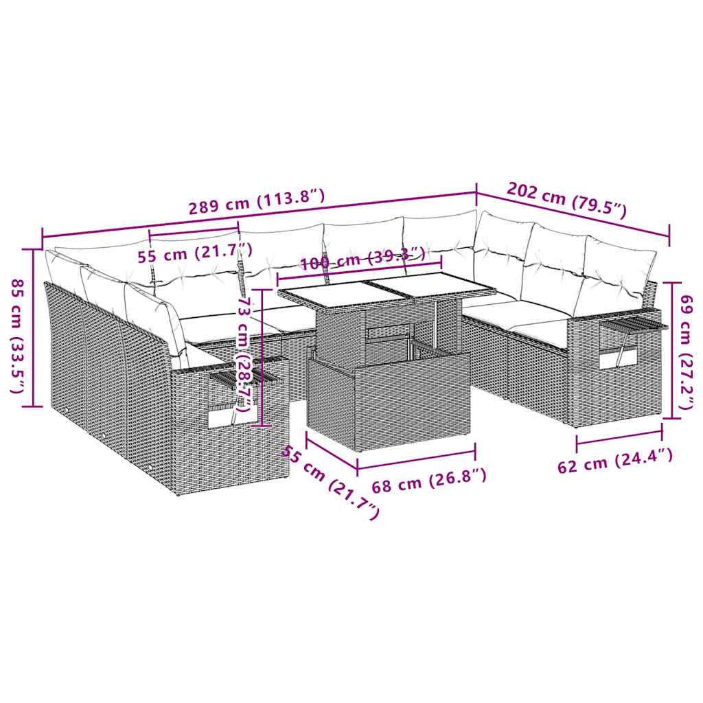 Set Divani da Giardino 10 pz con Cuscini Grigio in Polyrattan | homemem39