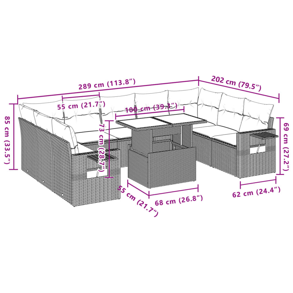 Set Divani da Giardino 10pz con Cuscini in Polyrattan Marrone | homemem39