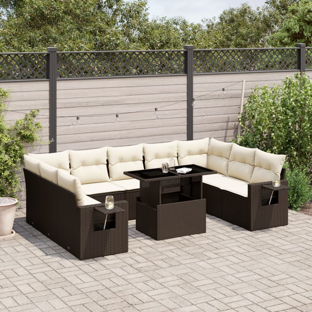 Set Divani da Giardino 10pz con Cuscini in Polyrattan Marrone - homemem39