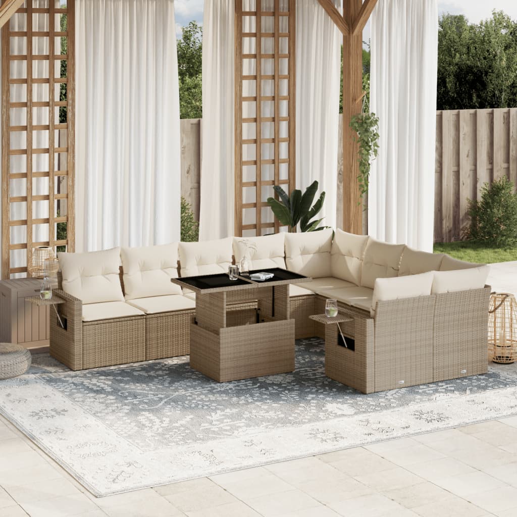 Set Divano da Giardino 10 pz con Cuscini Beige in Polyrattan - homemem39