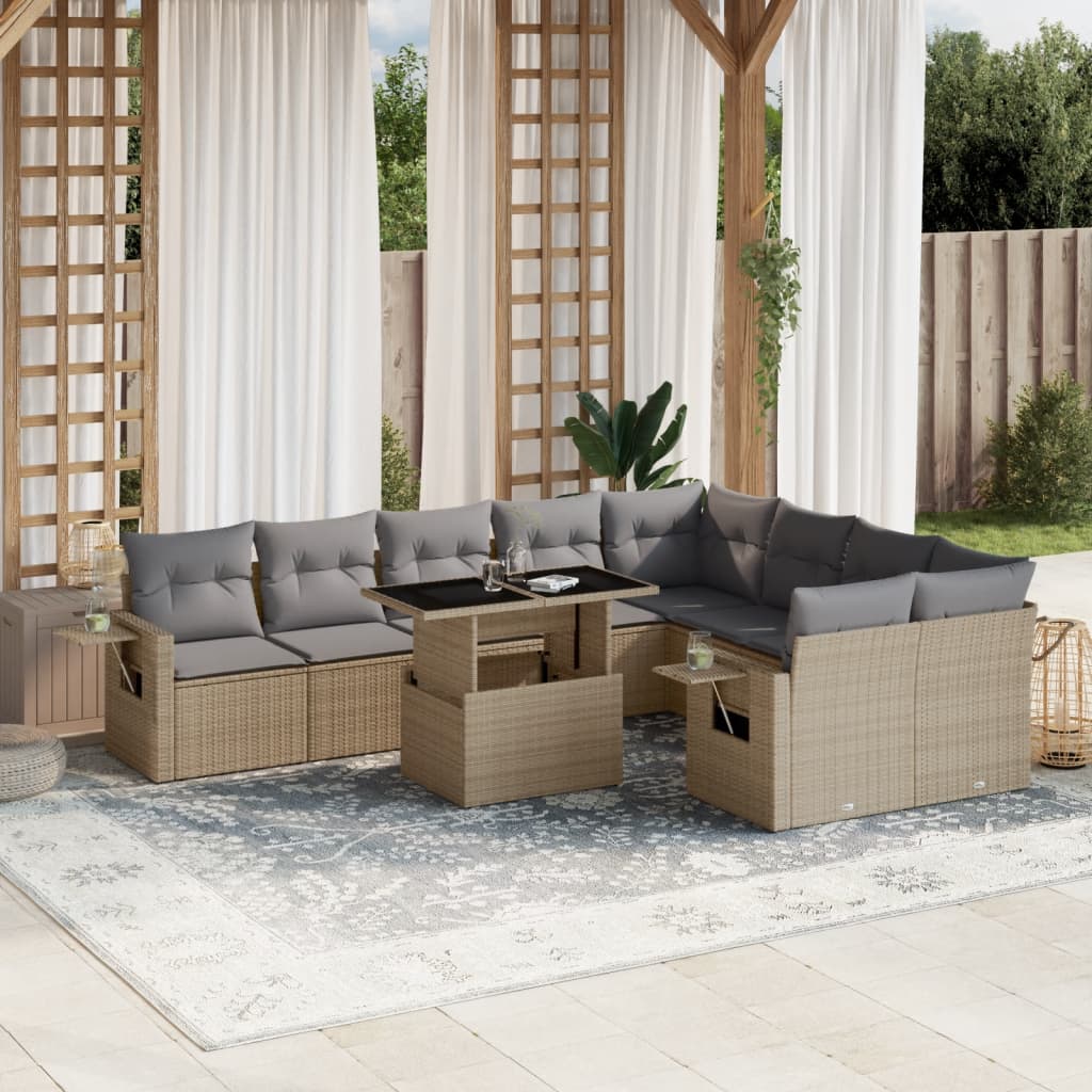 Set Divano da Giardino 10 pz con Cuscini Beige in Polyrattan - homemem39