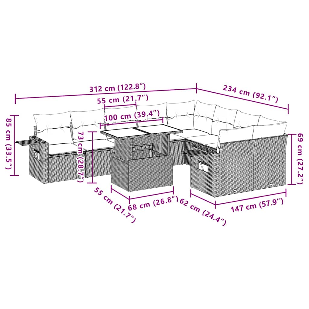 Set Divano Giardino 10 pz con Cuscini Grigio Chiaro Polyrattan | homemem39