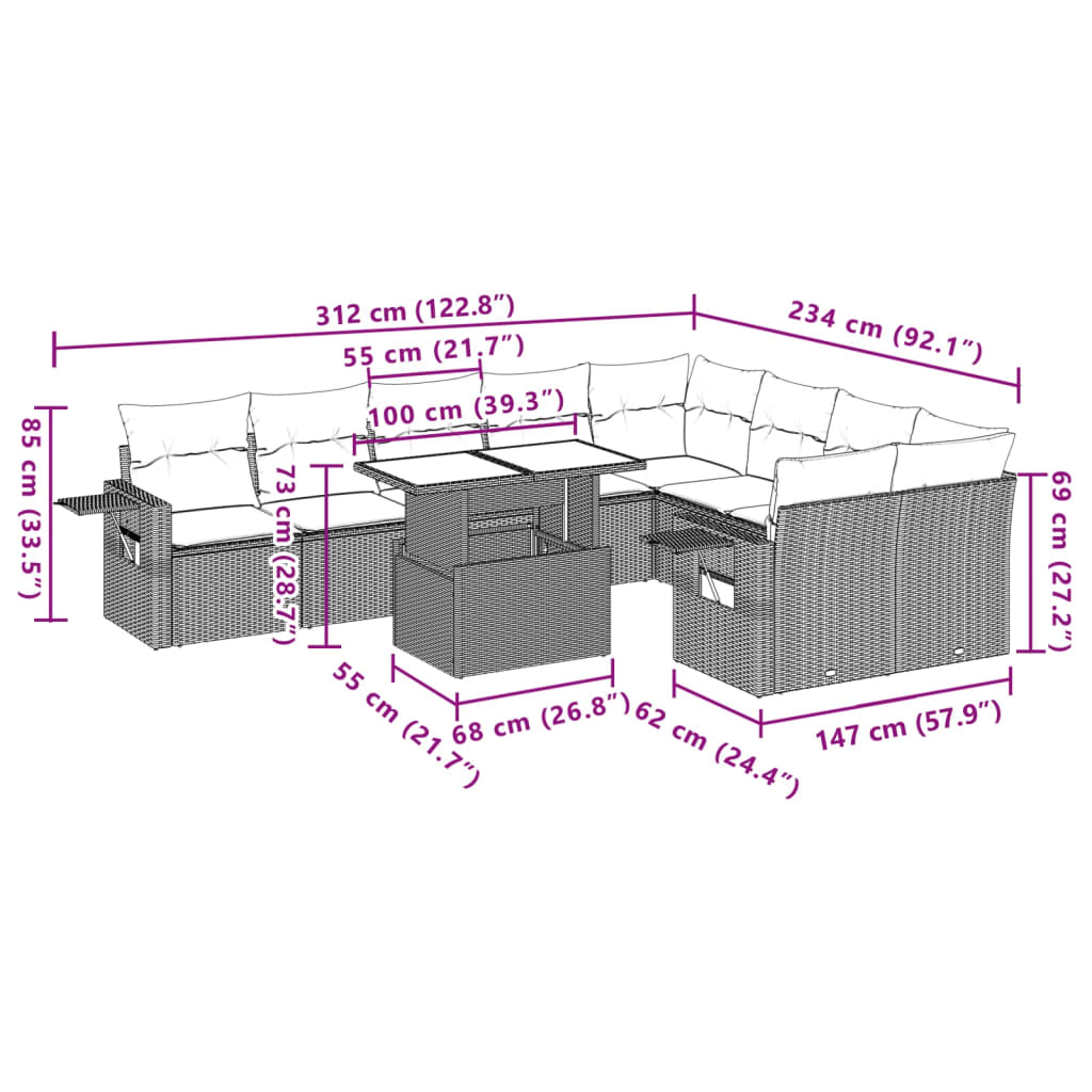 Set Divani da Giardino 10pz con Cuscini in Polyrattan Marrone | homemem39