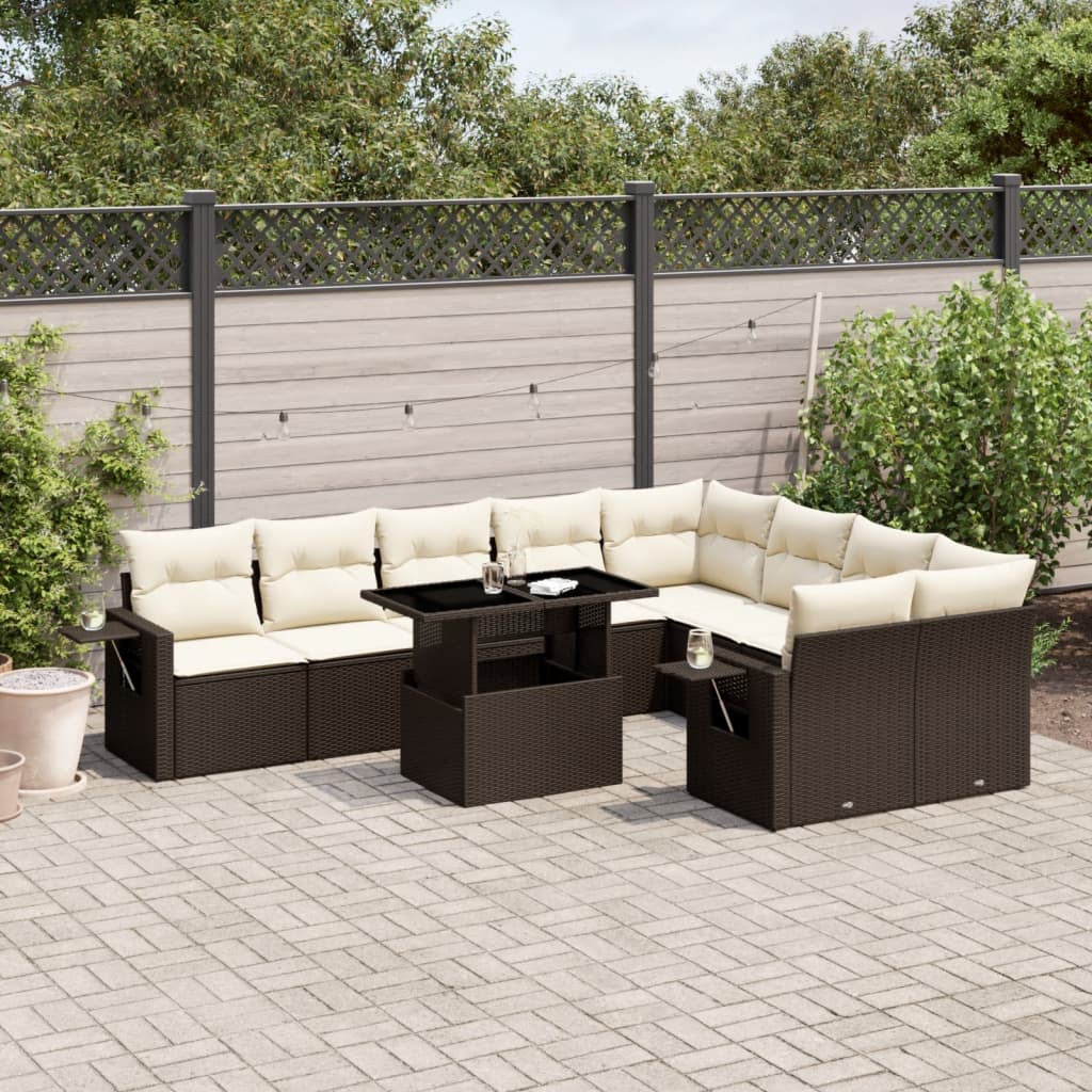 Set Divani da Giardino 10pz con Cuscini in Polyrattan Marrone | homemem39