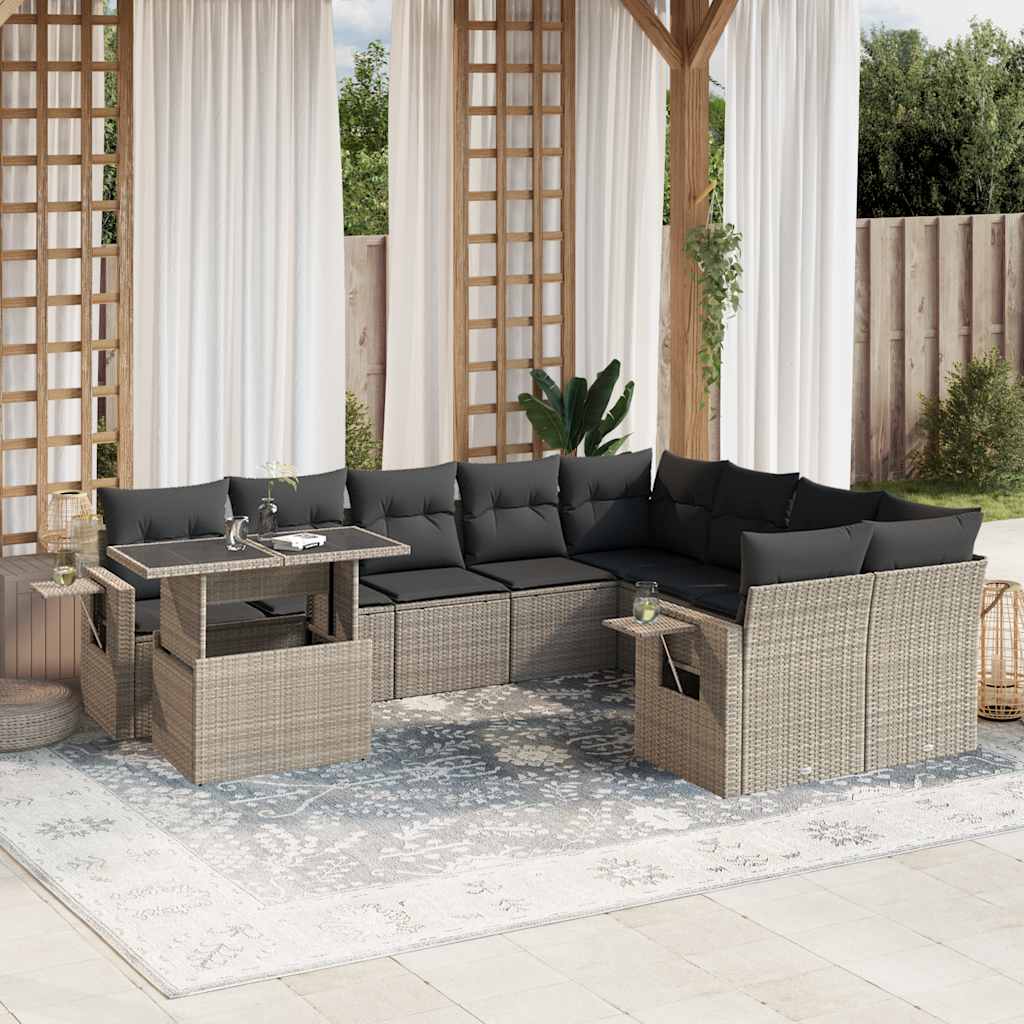 Set Divano Giardino 10 pz con Cuscini Grigio Chiaro Polyrattan | homemem39