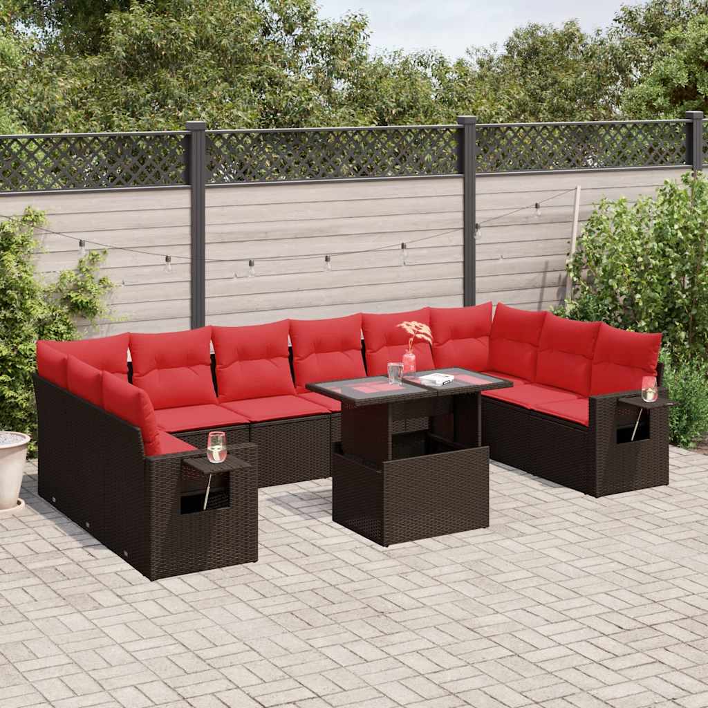 Set Divani da Giardino 11 pz con Cuscini Marrone in Polyrattan