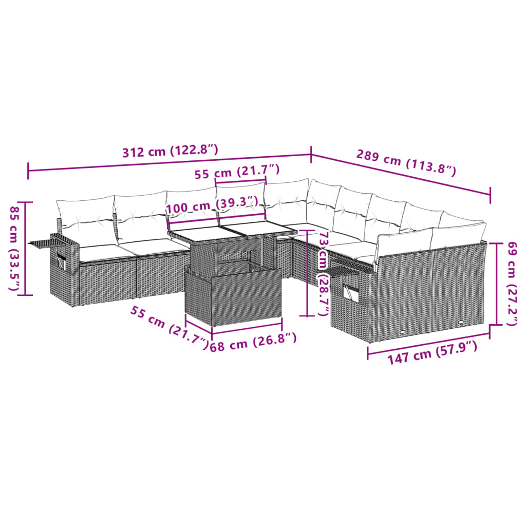 Set Divani da Giardino 11 pz con Cuscini Beige in Polyrattan | homemem39
