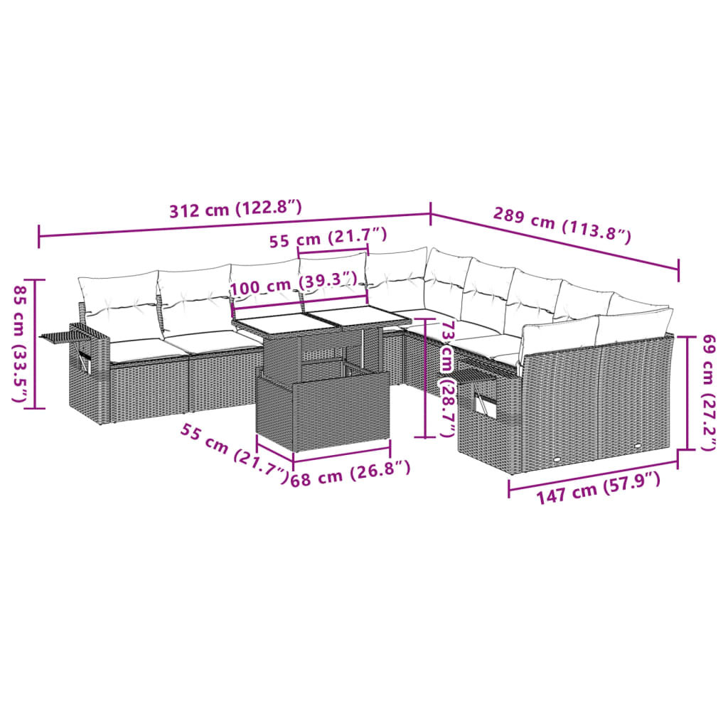 Set Divani da Giardino 11 pz con Cuscini Polyrattan Marrone | homemem39