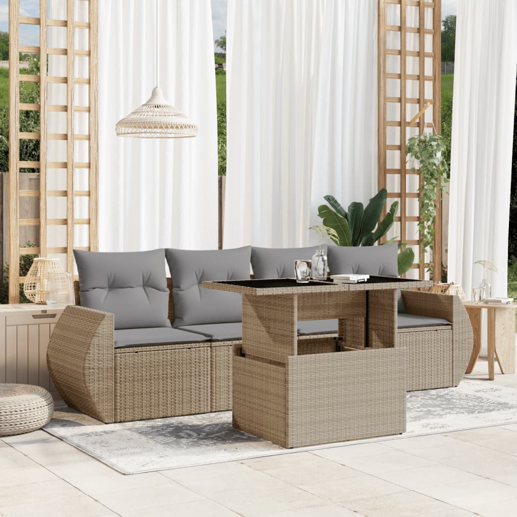 Set Divano da Giardino 5 pz con Cuscini Beige in Polyrattan - homemem39