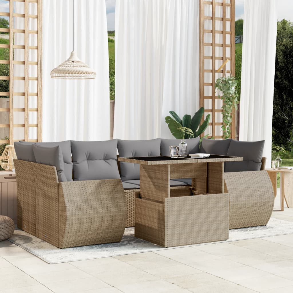 Set Divani da Giardino 7 pz con Cuscini Beige in Polyrattan | homemem39