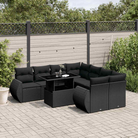 Set Divani da Giardino 9 pz con Cuscini Nero in Polyrattan - homemem39