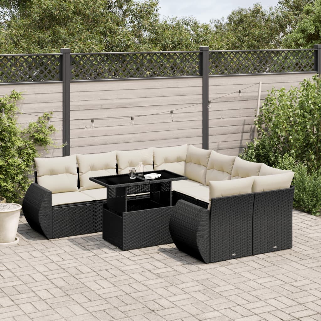 Set Divani da Giardino 9 pz con Cuscini Nero in Polyrattan | homemem39