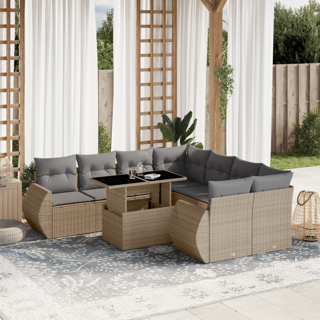 Set Divano da Giardino 9 pz con Cuscini Beige in Polyrattan | homemem39