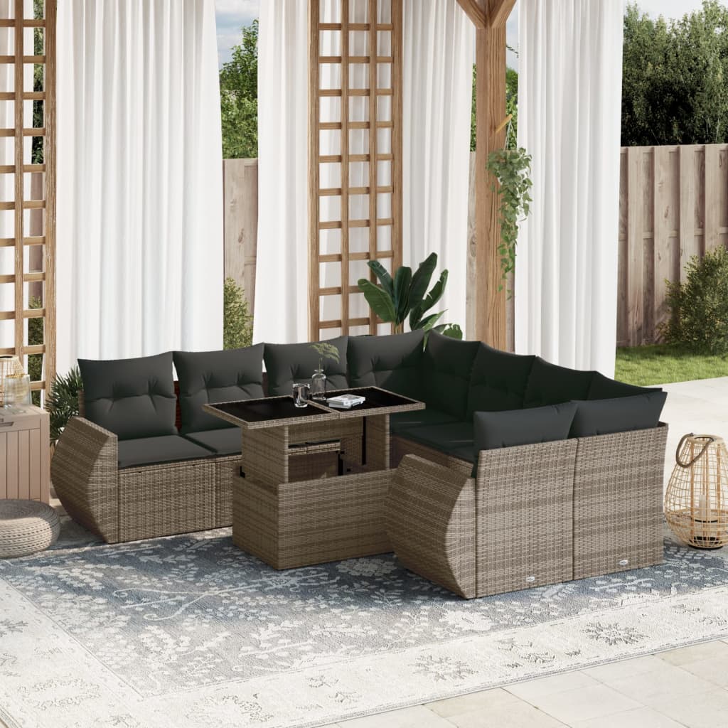 Set Divano da Giardino 9 pz con Cuscini Grigio in Polyrattan - homemem39