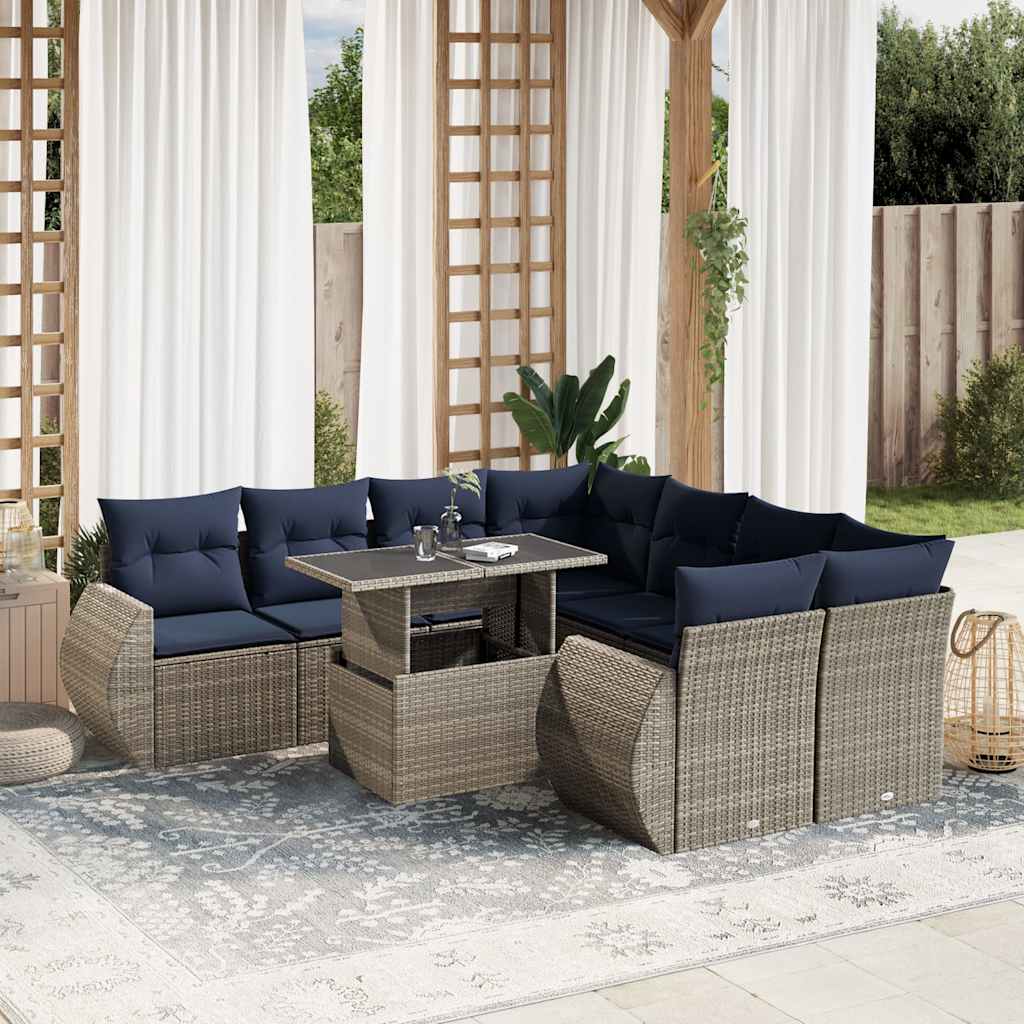 Set Divani da Giardino 9 pz con Cuscini Grigio in Polyrattan | homemem39