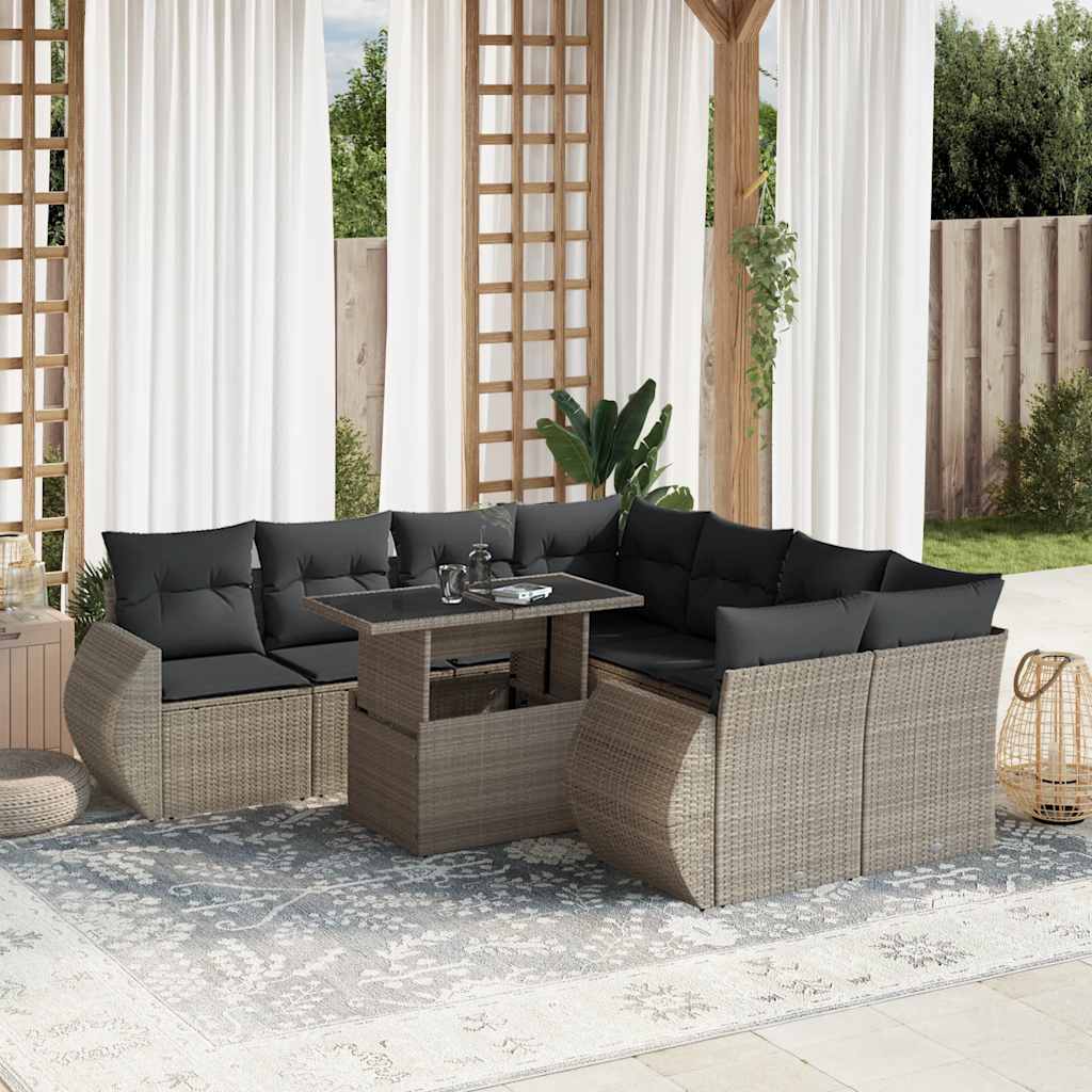 Set Divano da Giardino 9pz con Cuscini Grigio Chiaro Polyrattan | homemem39