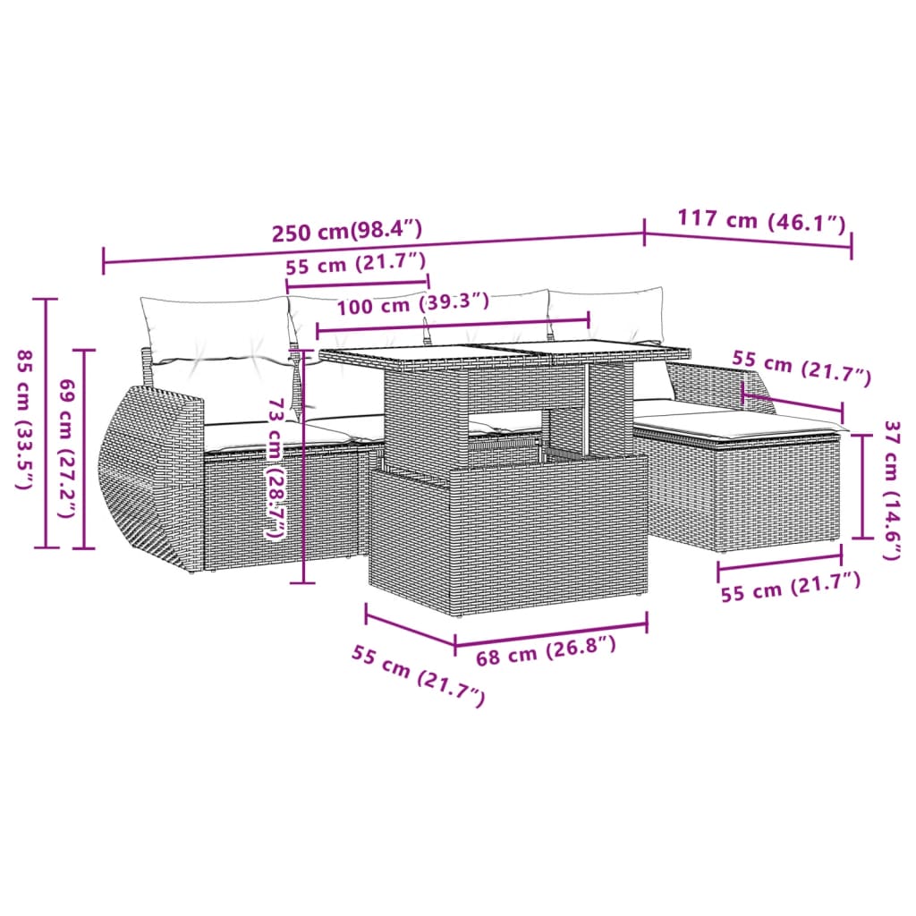 Set Divano da Giardino 6 pz con Cuscini Nero in Polyrattan | homemem39