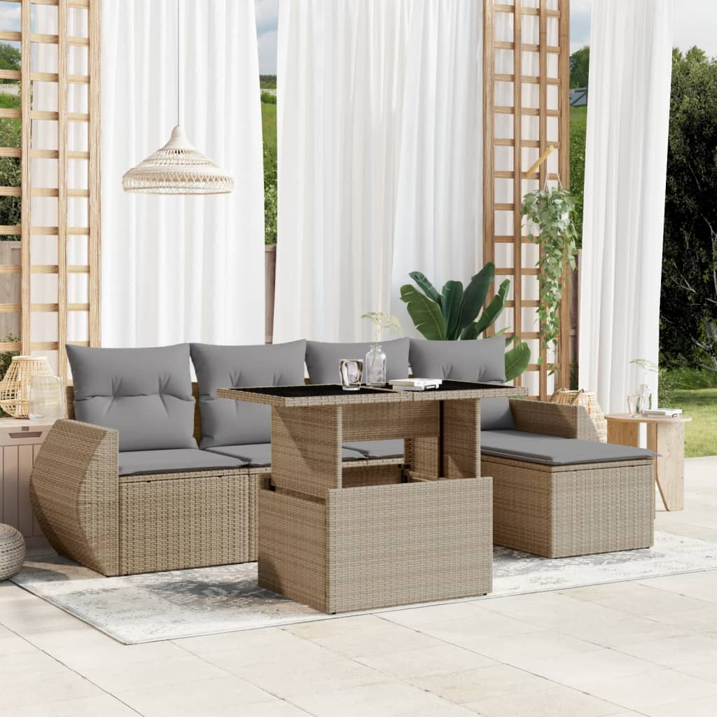 Set Divano da Giardino 6 pz con Cuscini Beige in Polyrattan