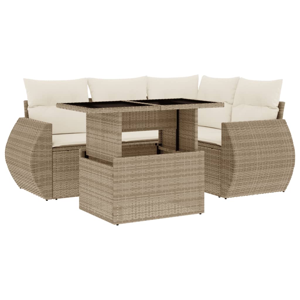 Set Divano da Giardino 5 pz con Cuscini Beige in Polyrattan - homemem39