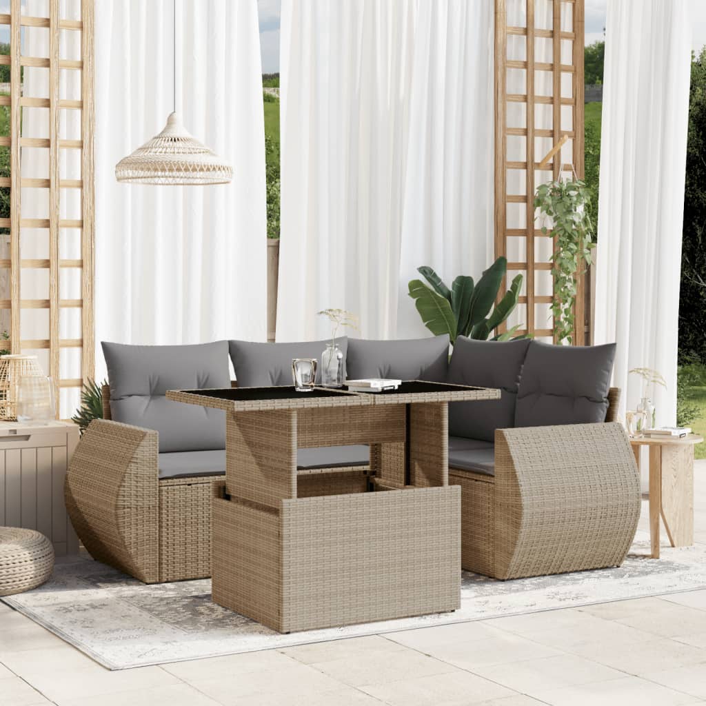 Set Divano da Giardino 5 pz con Cuscini Beige in Polyrattan - homemem39