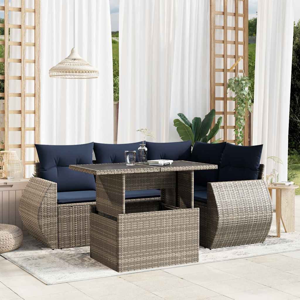 Set Divani da Giardino 5 pz con Cuscini Grigio in Polyrattan | homemem39