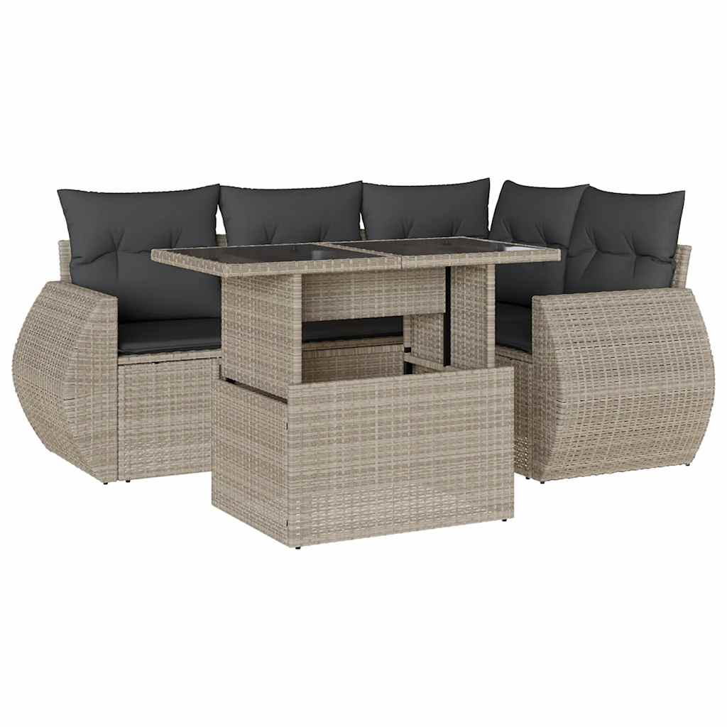 Set Divano da Giardino 5pz con Cuscini Grigio Chiaro Polyrattan | homemem39