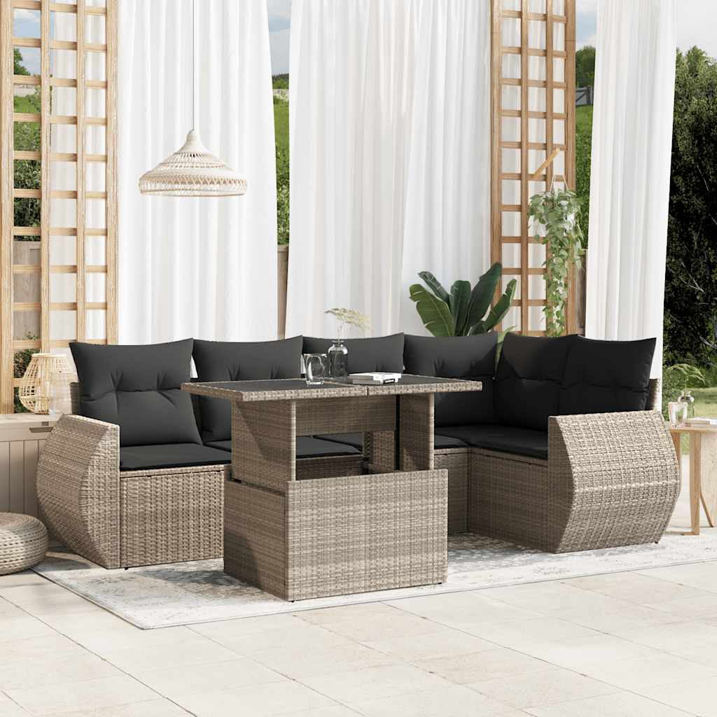 Set Divano da Giardino 6pz con Cuscini Grigio Chiaro Polyrattan