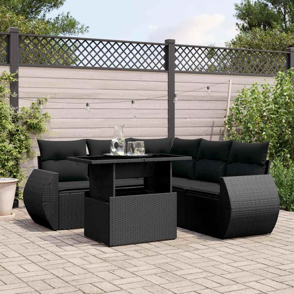 Set Divano da Giardino 6 pz con Cuscini Nero in Polyrattan
