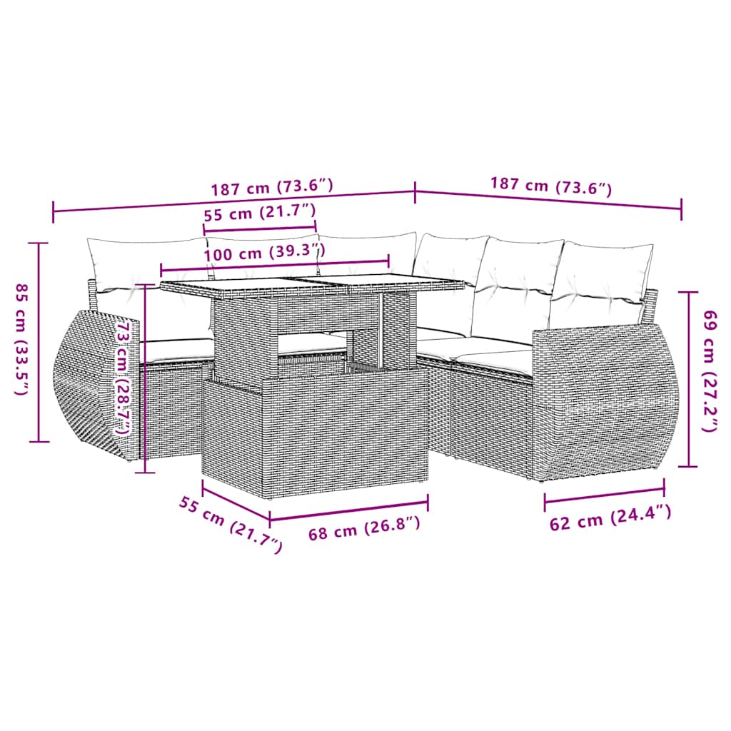 Set Divani da Giardino 6 pz con Cuscini Grigio in Polyrattan | homemem39