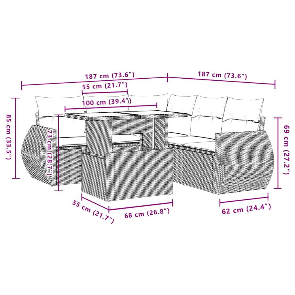 Set Divano da Giardino 6pz con Cuscini Grigio Chiaro Polyrattan | homemem39