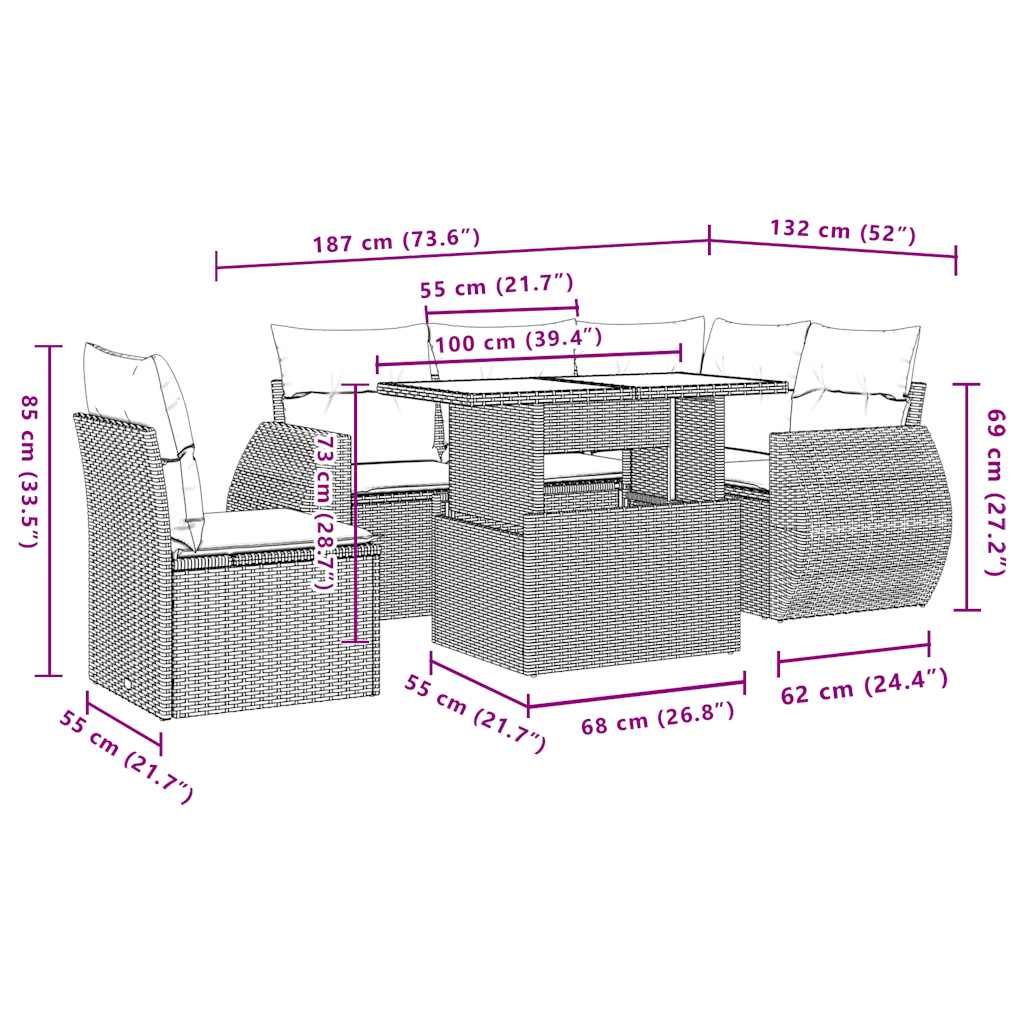 Set Divano da Giardino 6 pz con Cuscini Nero in Polyrattan | homemem39