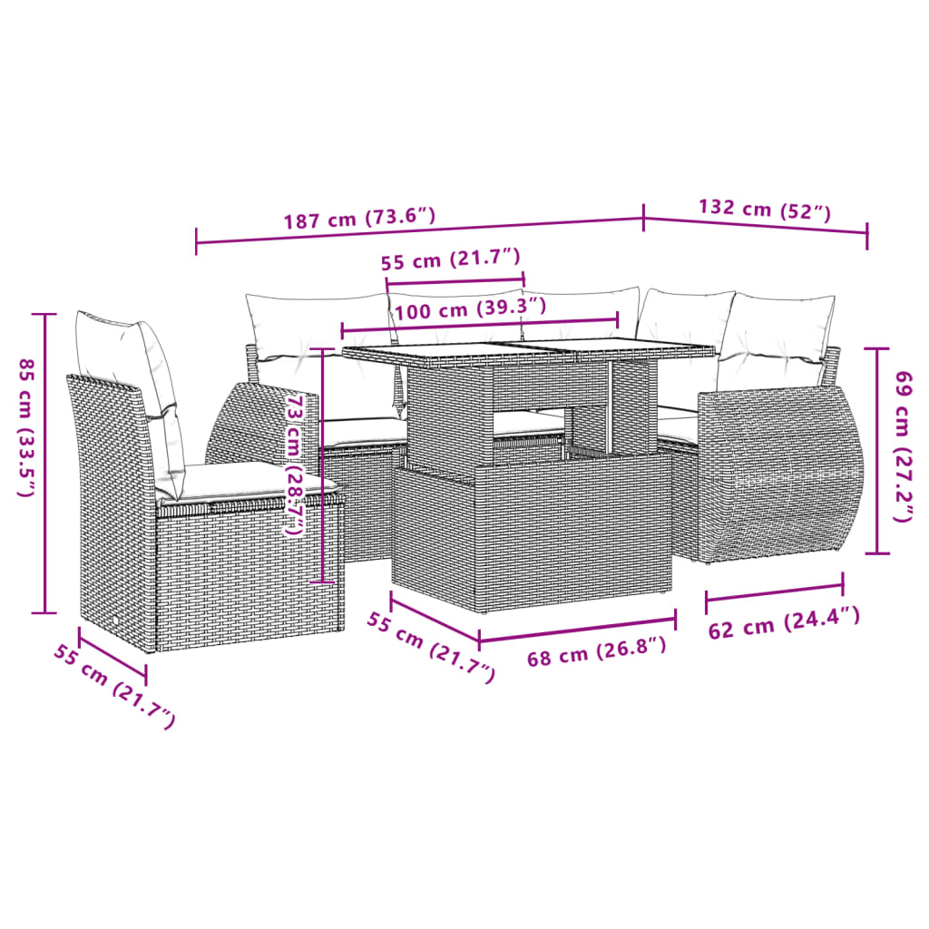 Set Divano da Giardino 6 pz con Cuscini Beige in Polyrattan - homemem39