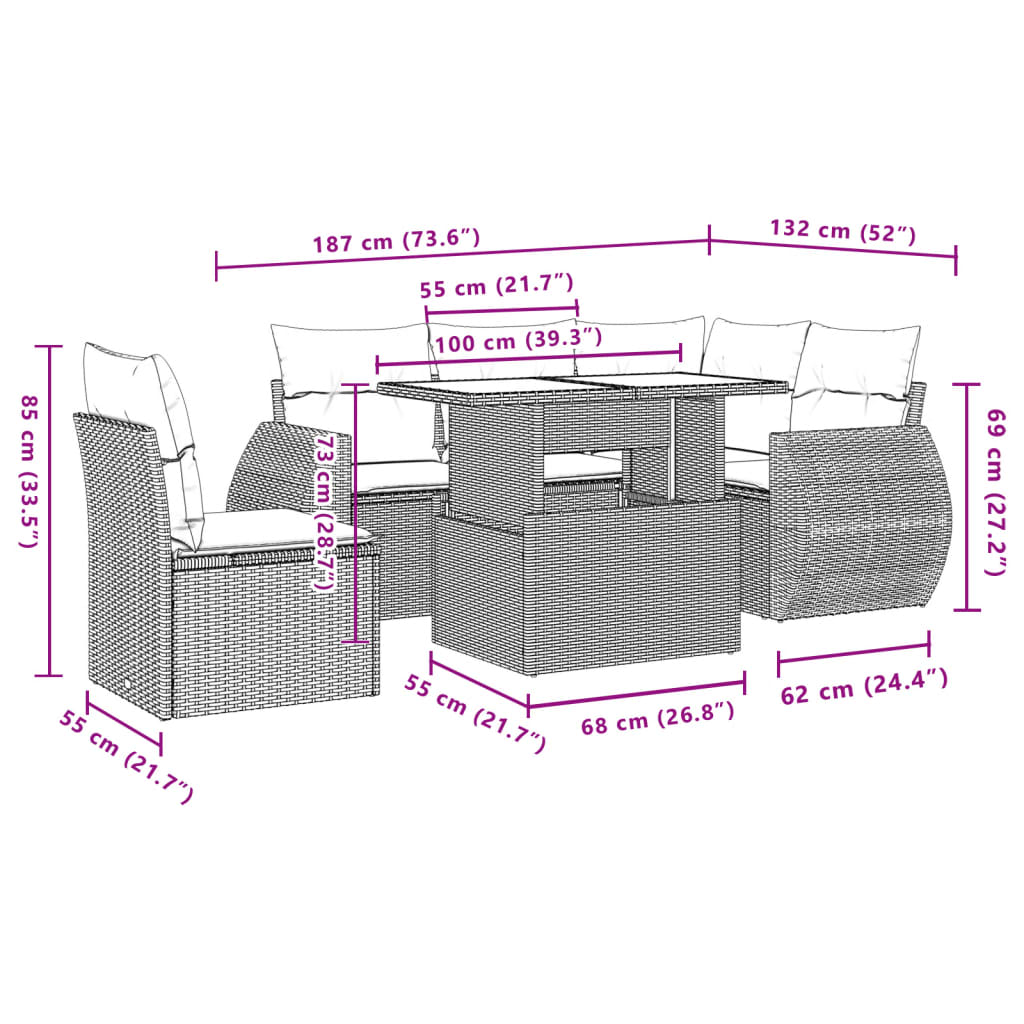 Set Divano da Giardino 6 pz con Cuscini Grigio in Polyrattan | homemem39