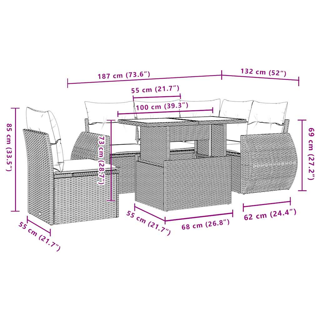 Set Divani da Giardino 6 pz con Cuscini Grigio in Polyrattan | homemem39
