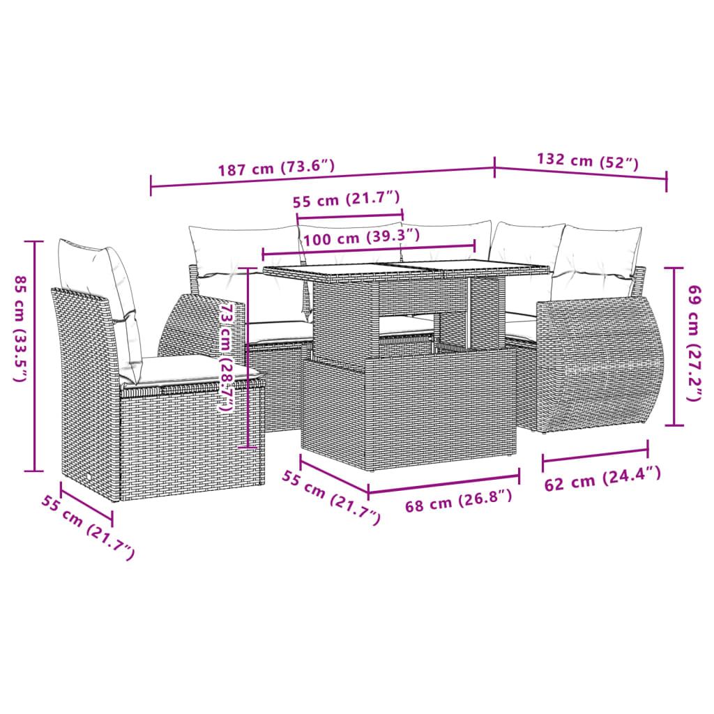 Set Divano da Giardino 6 pz con Cuscini Marrone in Polyrattan | homemem39